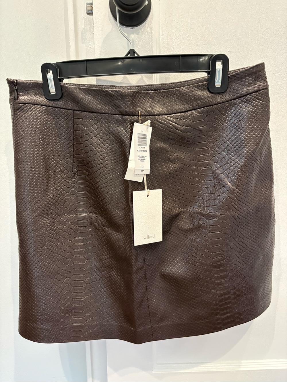 Wilfred Aritzia Patio Mini Skirt NWT Vegan Python Leather Rich Mocha Brown 12